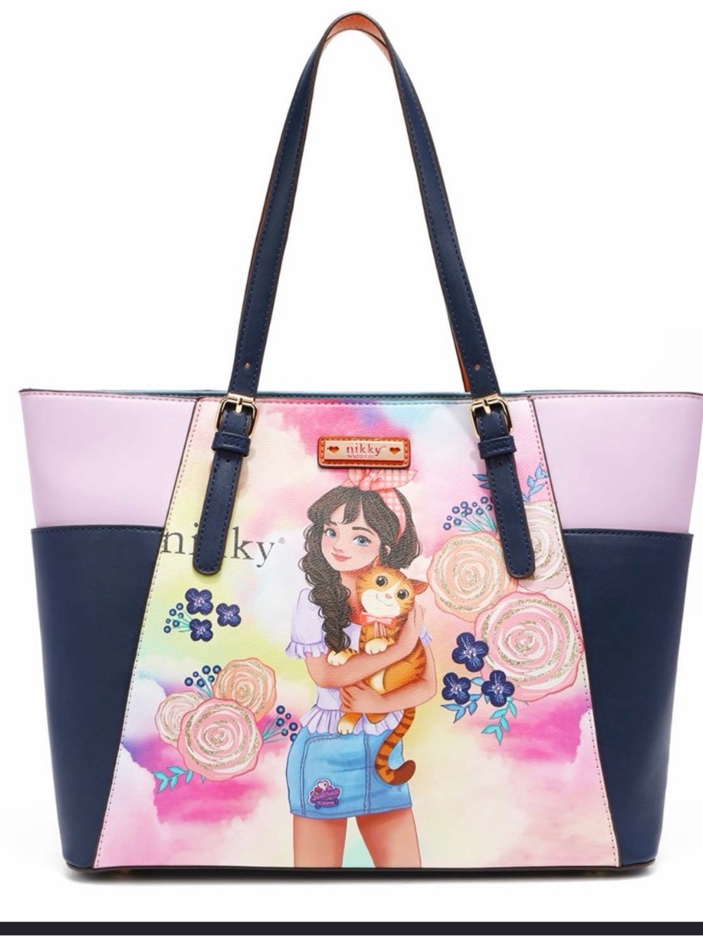 Nicole Lee Pink & Navy Illustrated Girl-and-Cat Tote